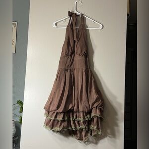 San Joy Brown Halter Mini Dress with Lace Trim